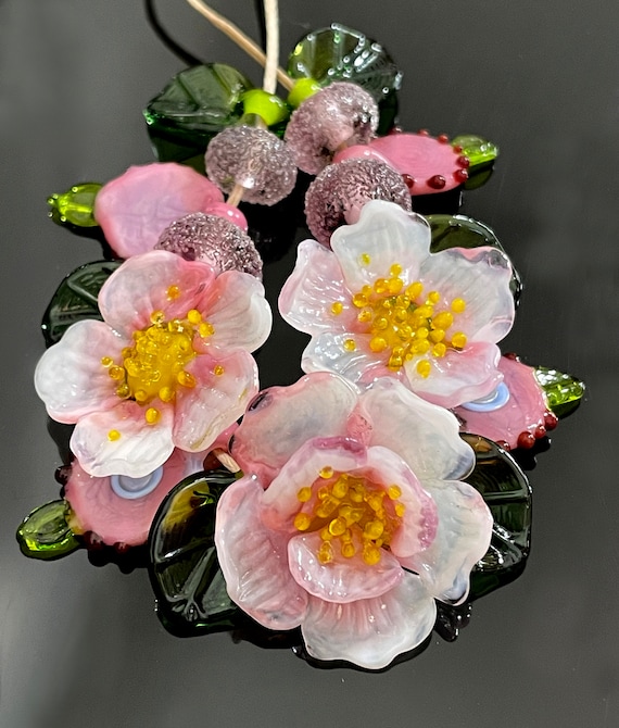 Lampwork Glass Pink Flower Beads Supplies for Jewelry Making, DIY flowers  Kit