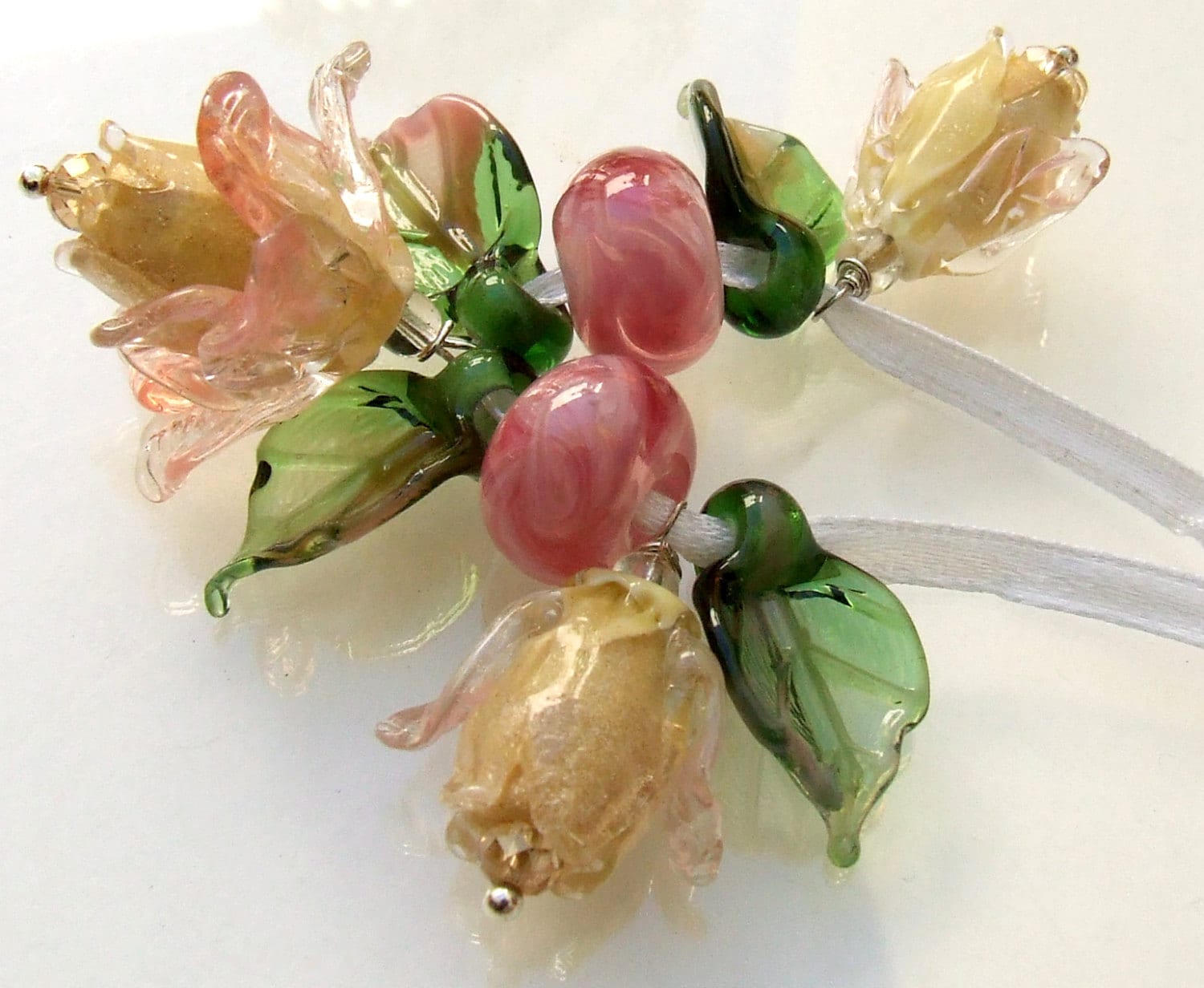 Lampwork Glass Flower Beads for Jewelry Making, Romantic Champagne