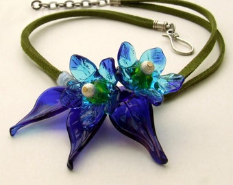 Lampwork Blue And Turquoise, Festive Flowers Necklace, Statement Glass Necklace, Made to Order