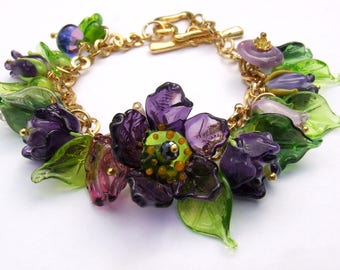 Handmade Lampwork Glass Bracelet, Romantic Floral Bracelet, Purple and Green, Festive and Fun Flowers Bracelet, Made to Order