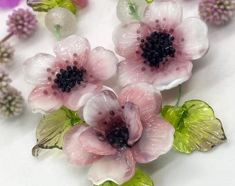 Lampwork Glass Pink Flower Beads Supplies for Jewelry Making, DIY flowers Kit