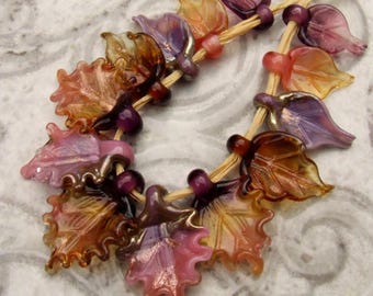 Lampwork Autumn Leaf Beads, Goldstone Glass Leaves, Jewelry Making, Set of 13