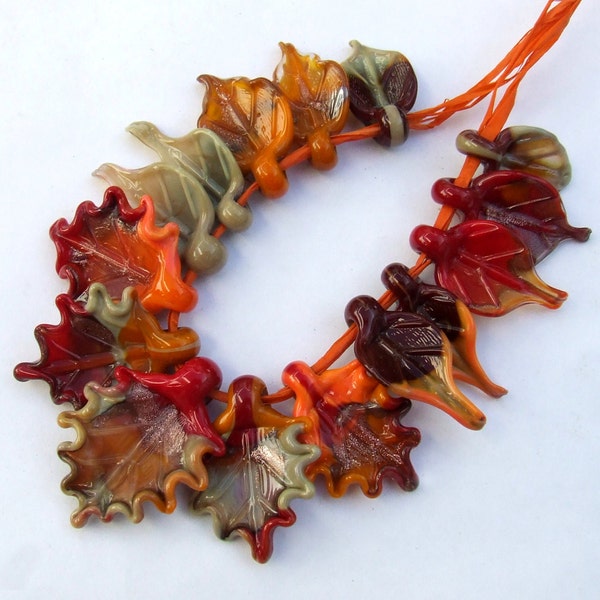 Autumn Leaves, Collection of Lampwork Glass Leaves  for Jewelry Making, Set of 15 leaf beads, Made to Order