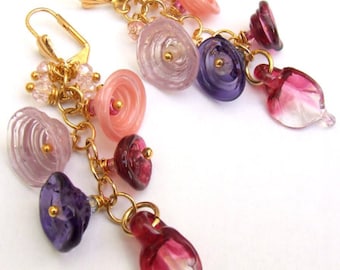 Lampwork Flower Caps Earrings, Dangle Long Flower Pink Earrings, Beadart Earrings, Made to Order !