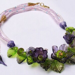 Lampwork Floral Necklace, Purple and Green Romantic Style Necklace, Festive Glass Necklace, Unique Gift, Ready to Ship image 4