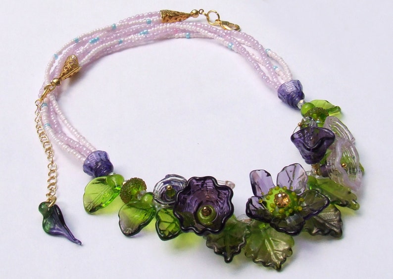 Lampwork Floral Necklace, Purple and Green Romantic Style Necklace, Festive Glass Necklace, Unique Gift, Ready to Ship image 4