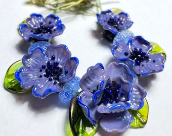Lampwork Glass Violet Flower Beads for Jewelry Making, DIY Kit, Set of flowers and Leaves, Ready to ship !