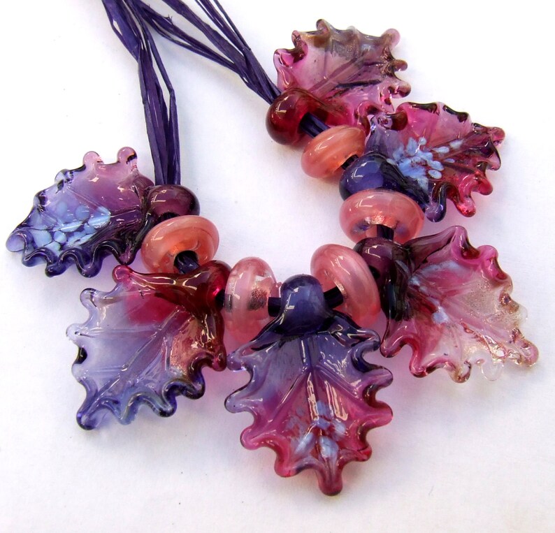 Made to Order Fuchsia and Pink Set of 6 leaf beads in shades of Purple Lampwork Glass Leaves for Jewelry Making