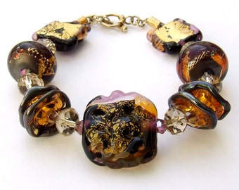 Golden Brown Lampwork Bracelet, Beaded Bracelet, Beadwork Bracelet, Lampwork Jewelry