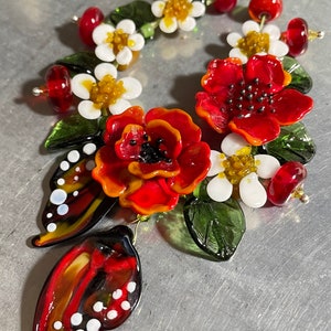 Lampwork Glass Red Flower Beads Supplies for Jewelry Making, DIY Kit with butterfly Wings and Leaves. image 2