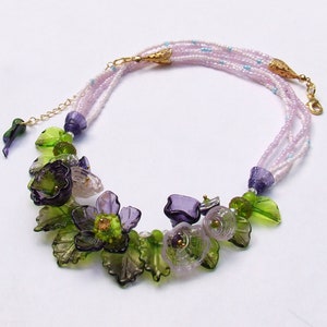 Lampwork Floral Necklace, Purple and Green Romantic Style Necklace, Festive Glass Necklace, Unique Gift, Ready to Ship image 3
