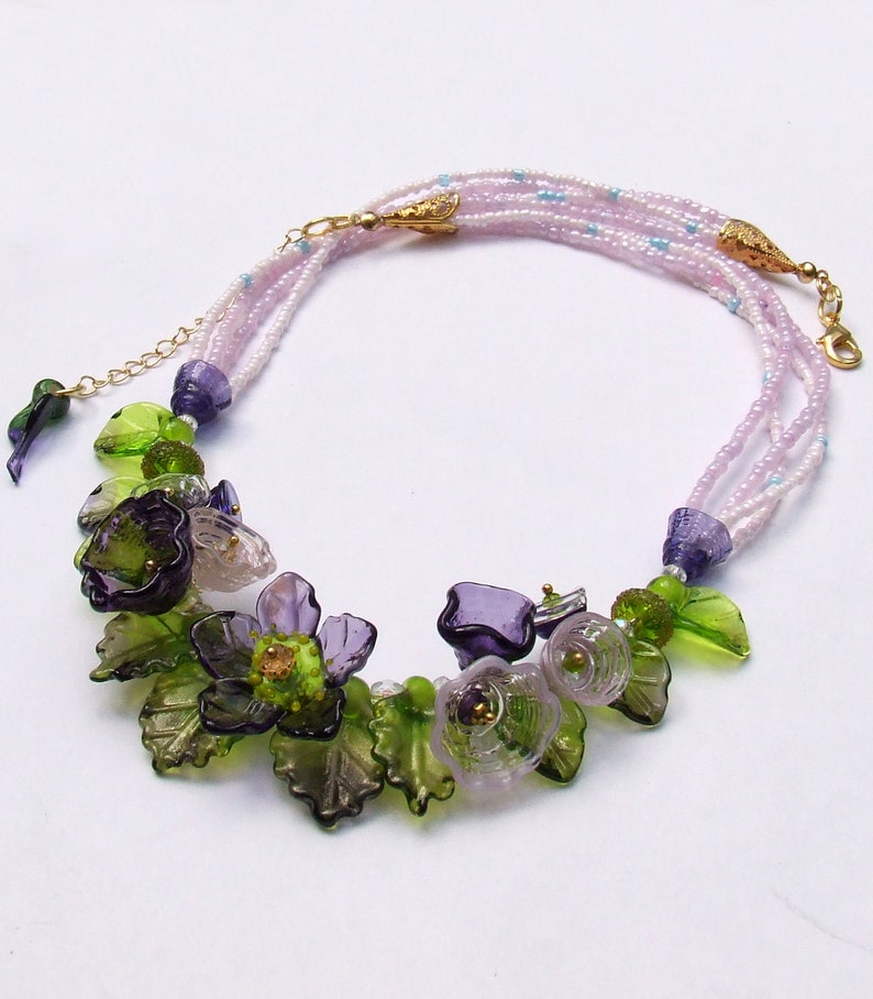 Lampwork Floral Necklace, Purple and Green Romantic Style Necklace, Festive Glass Necklace, Unique Gift, Ready to Ship image 3