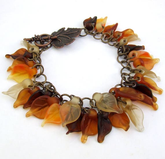 Bronze Leaf Bracelet with Gold spacer Beads and Orange Pearl Sheen