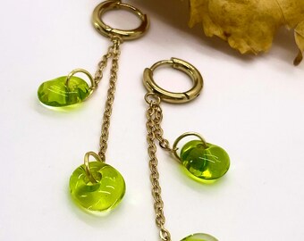 Handmade Glass Earrings Elegant Colorful Drops in Green With Golden Chain Earrings