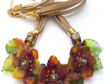 Lampwork Necklace with Autumn Flowers, in a Romantic Style, Festive Glass Necklace in Fall colors, Unique Gift