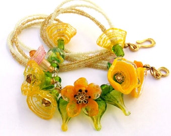 Lampwork Necklace with Yellow Spring Flowers in Romantic Style, Festive Glass Necklace, Unique Gift, Made to Order