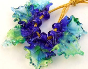 Lampwork Glass Leaf Beads, Sea Colors, Jewelry Making, Set of 6