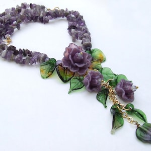 Lampwork Glass Necklace in Romantic Style, Violet Rose Bouquet, Made to Order image 4