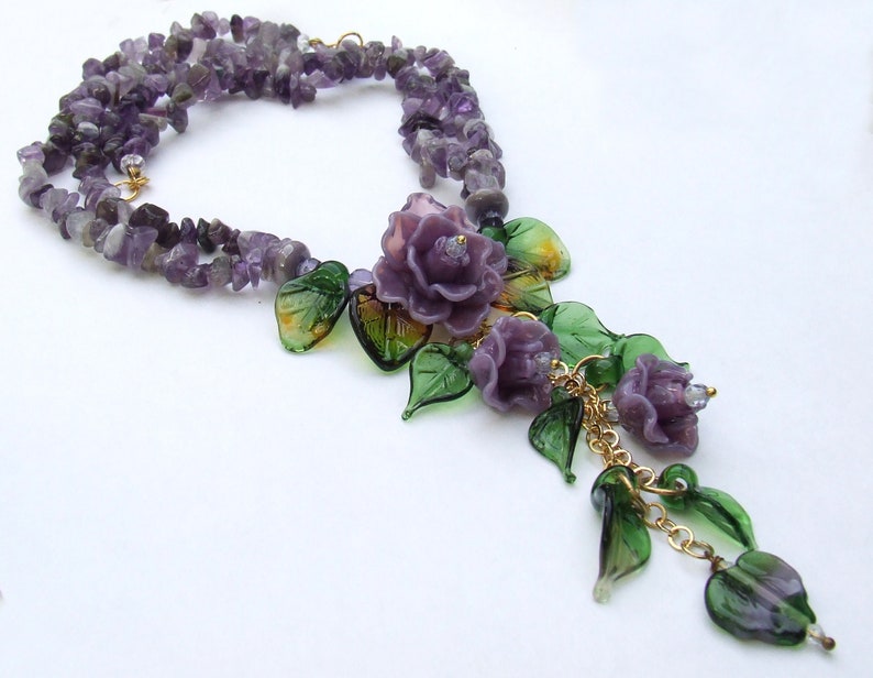 Lampwork Glass Necklace in Romantic Style, Violet Rose Bouquet, Made to Order image 4