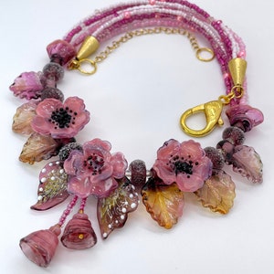 Statement, Romantic Lampwork Glass Pink, Spring Floral Necklace, Unique Gift.