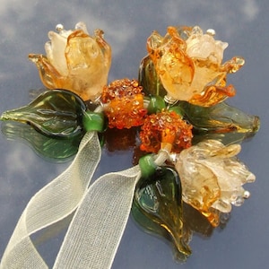 Lampwork Glass Flower Beads for Jewelry Making, DIY Kit, Set of 9 Golden Roses With Leaves