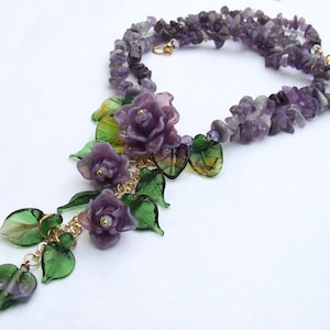 Lampwork Glass Necklace in Romantic Style, Violet Rose Bouquet, Made to Order image 5