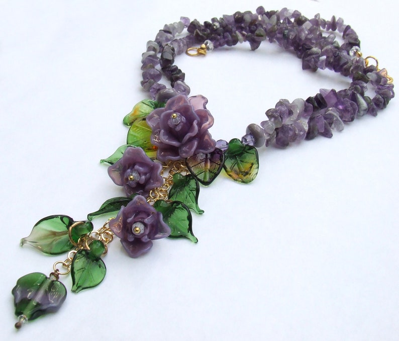 Lampwork Glass Necklace in Romantic Style, Violet Rose Bouquet, Made to Order image 5