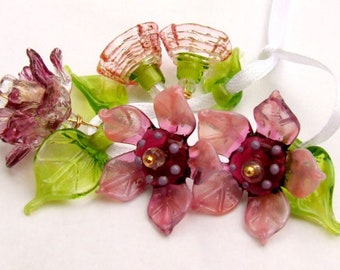 Lampwork Glass Flower Beads for Jewelry Making, Romantic Pink Bouquet, Spring Flowers, Set of 5+4 Flower beads, Made to Order