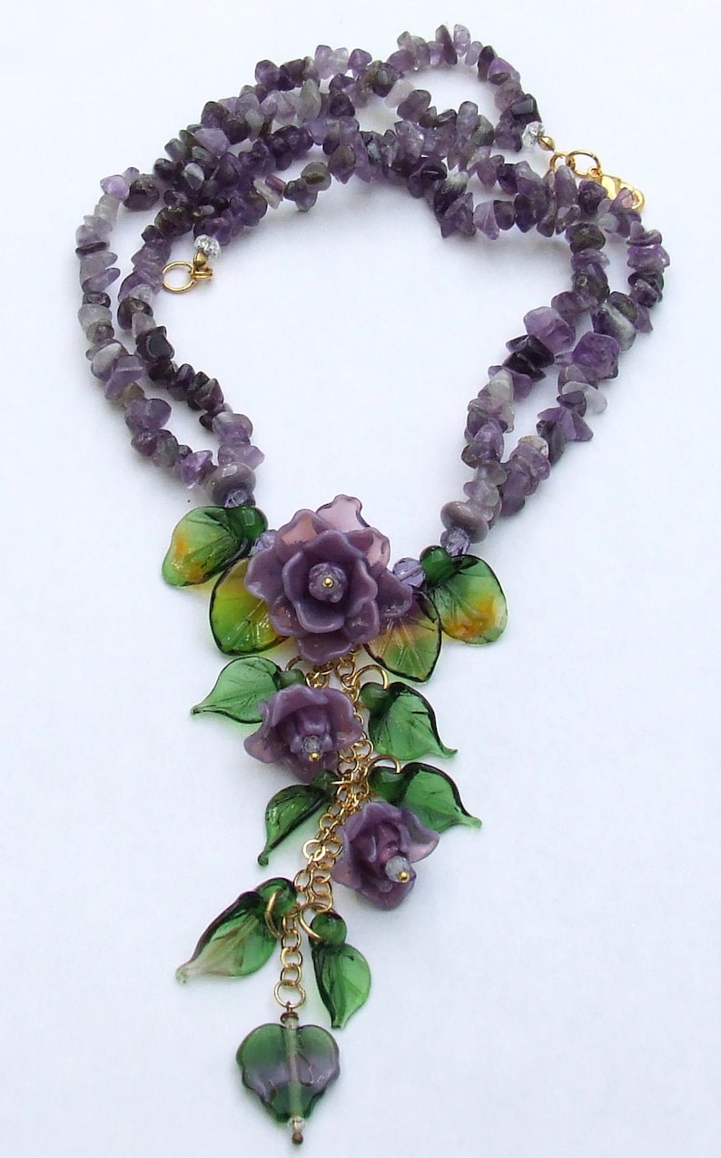 Lampwork Glass Necklace in Romantic Style, Violet Rose Bouquet, Made to Order image 2