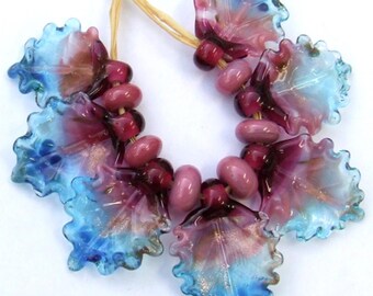 Lampwork Glass Leaf Beads, Pink Turquoise, Jewelry Making Set