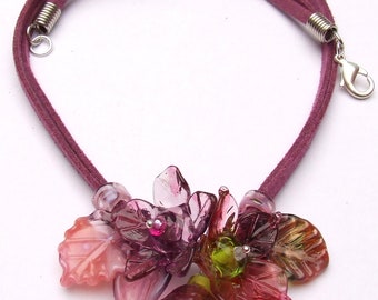 Handmade Lampwork Flowers Necklace, Pink Fuchsia Bouquet, Wine Leather Cord