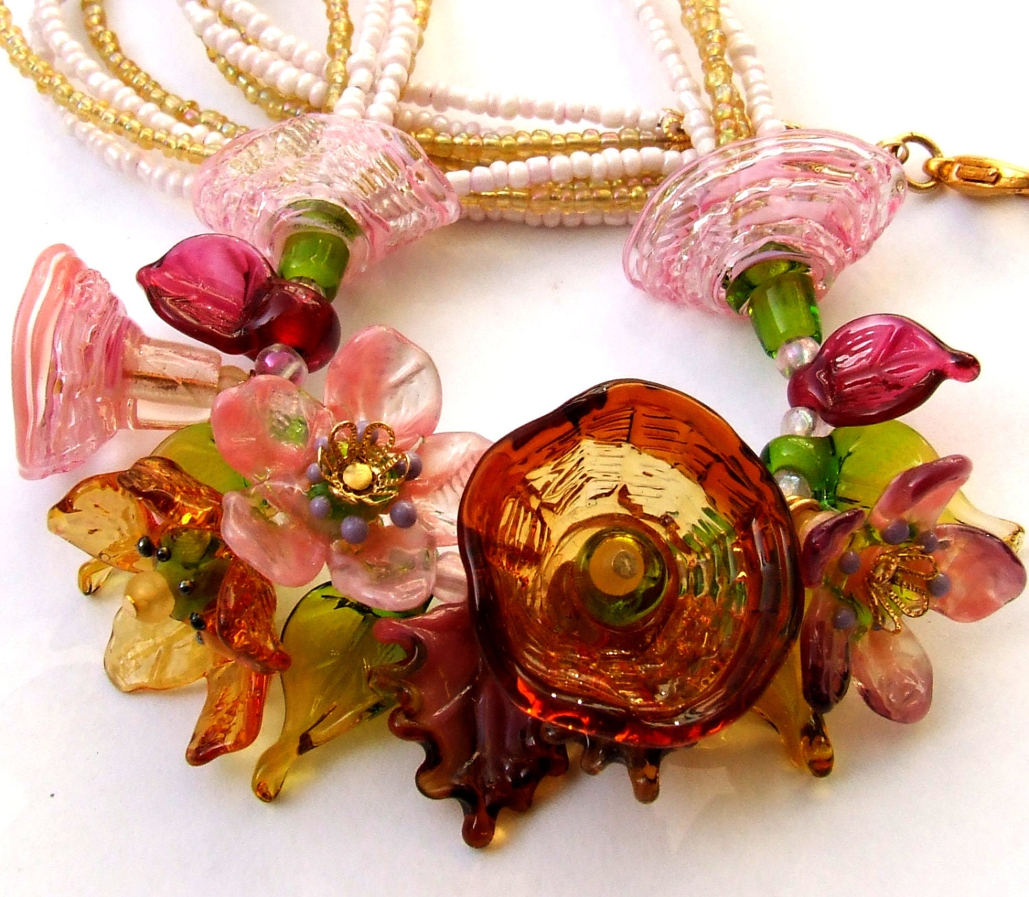 Lampwork Floral Necklace AmberPink Bouquet Festive Glass Etsy
