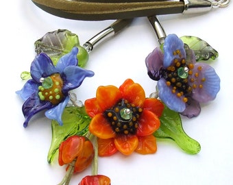 Statement Lampwork Floral Necklace, Bright & Vivid Colors, Festive Glass Necklace, Unique Gift, Made to Order