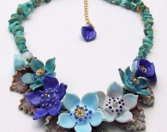 Lampwork Glass Necklace, Flowers Necklace, Blue Shades, Romantic Style Necklace, Unique Gift, Ready to Ship