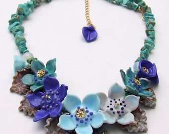 Lampwork Glass Flower Necklace, Turquoise & Violet, Romantic Style