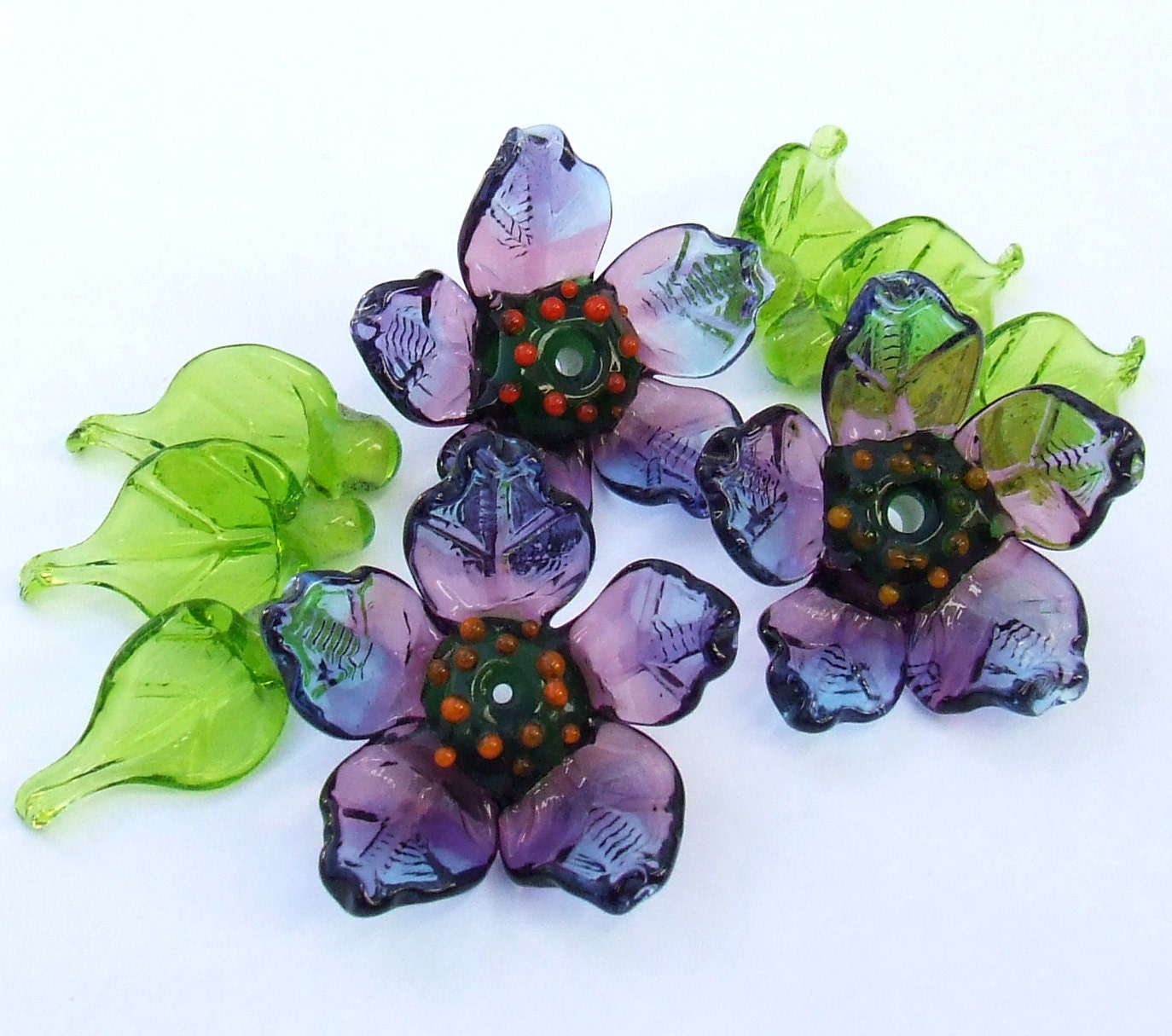 Lampwork Glass Flower Beads for Jewelry Making, Purple flowers, Set of  flowers and Green Leaves, Made to Order