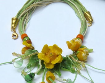 Lampwork Rose Necklace, Romantic Style, Vintage Floral Necklace, Yellow Rose Necklace, Ready to Ship