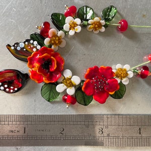 Lampwork Glass Red Flower Beads Supplies for Jewelry Making, DIY Kit with butterfly Wings and Leaves. image 4