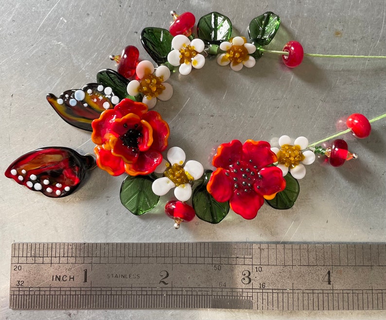 Lampwork Glass Red Flower Beads Supplies for Jewelry Making, DIY Kit with butterfly Wings and Leaves. image 4