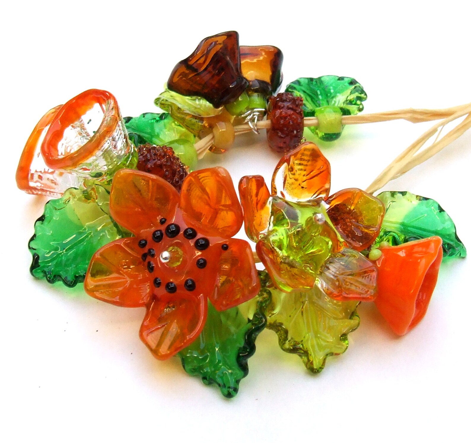 Lampwork Glass Flower Beads for Jewelry Making, A Romantic Bouquet, Set