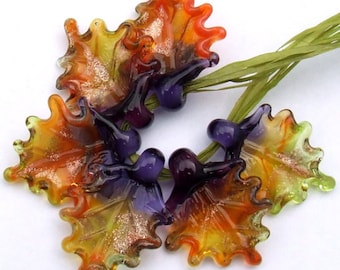 Lampwork Glass Leaves for Jewelry Making, Set of 6 leaf beads in shades of purple, orange and green, Made to Order