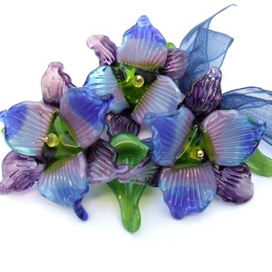 Purple Orchids with Leaves, Lampwork Glass Flower Beads for Jewelry Making, Ready to Ship