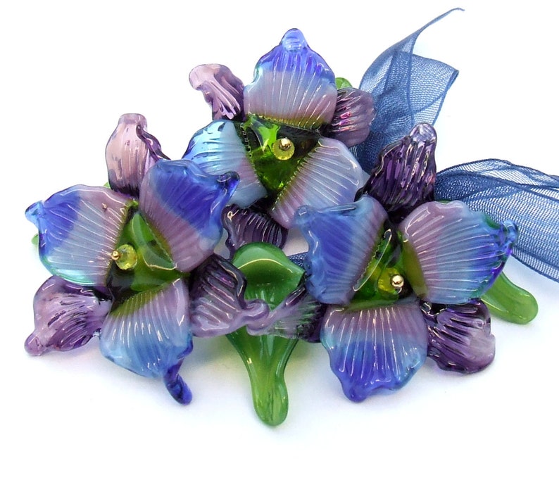 Lampwork Glass Flower Beads for Jewelry Making, Purple Orchids with Leaves