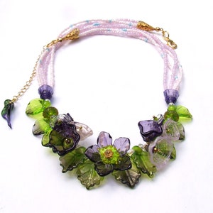 Lampwork Floral Necklace, Purple and Green Romantic Style Necklace, Festive Glass Necklace, Unique Gift, Ready to Ship image 2