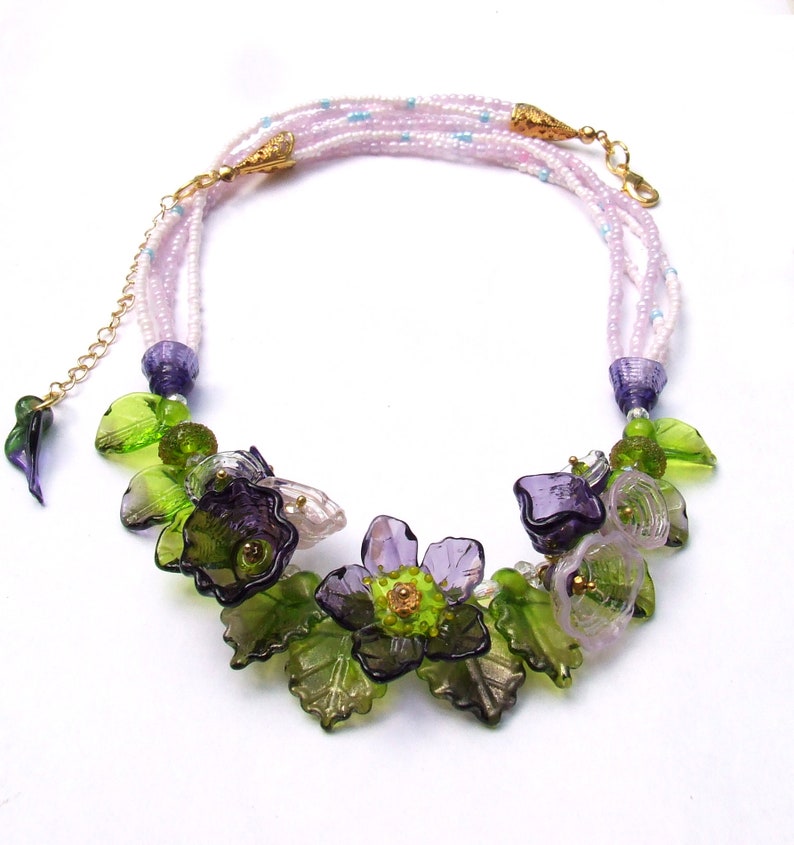 Lampwork Floral Necklace, Purple and Green Romantic Style Necklace, Festive Glass Necklace, Unique Gift, Ready to Ship image 2