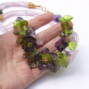 Lampwork Floral Necklace, Purple and Green Romantic Style Necklace, Festive Glass Necklace, Unique Gift, Ready to Ship image 5