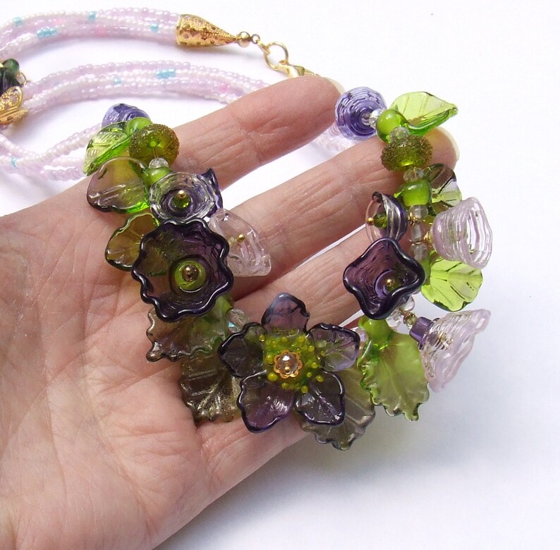 Lampwork Floral Necklace, Purple and Green Romantic Style Necklace, Festive Glass Necklace, Unique Gift, Ready to Ship image 5