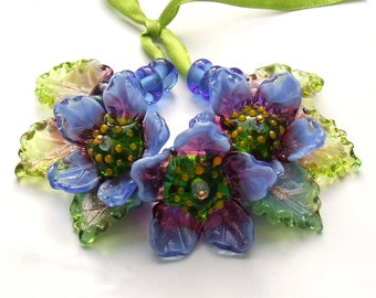 Lampwork Glass Flower Beads, Blue Pink Green Floral Bouquet, Jewelry Making Set
