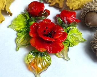 Lampwork Glass Hot Red Spring Flower Beads Supplies for Jewelry Making, DIY Set
