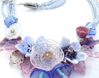 Handmade Lampwork Floral Necklace, Sky Blue and Pink, Romantic Style